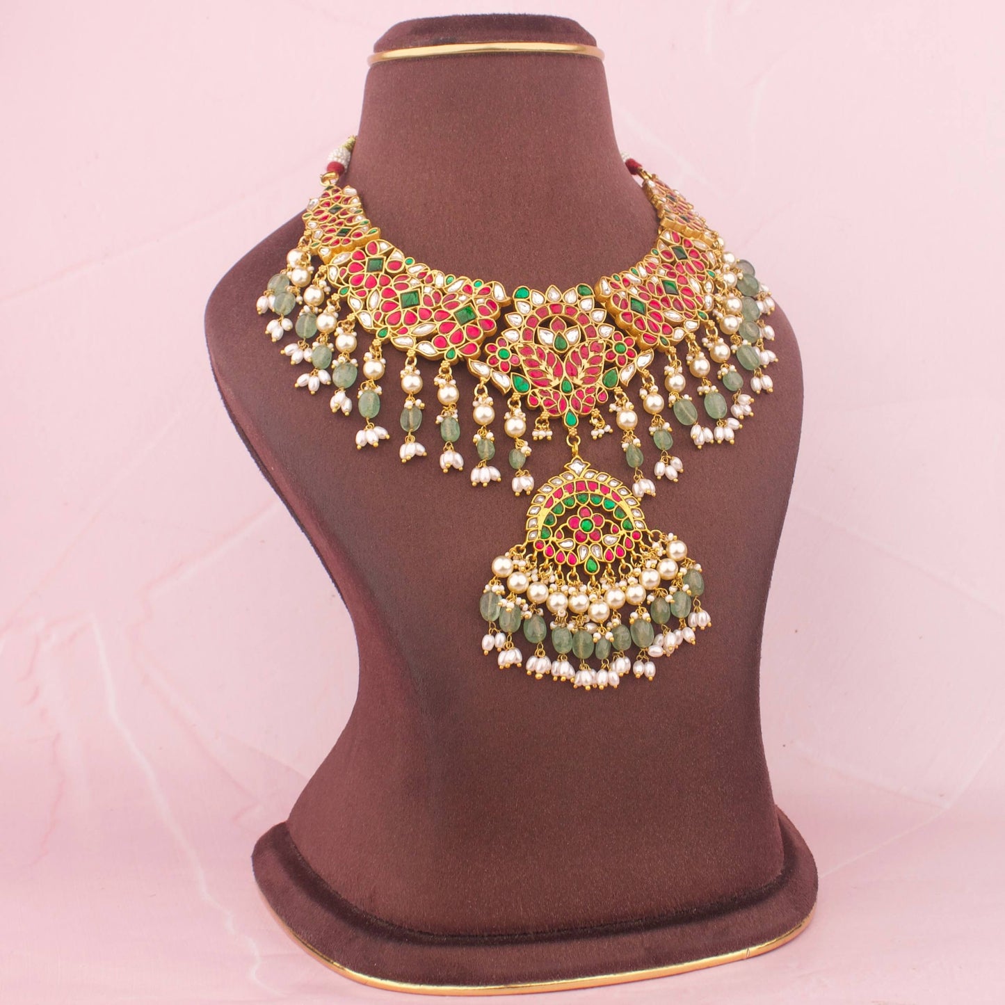 Ethnic Kundan Necklace With Green Beads And Pearl Fringe