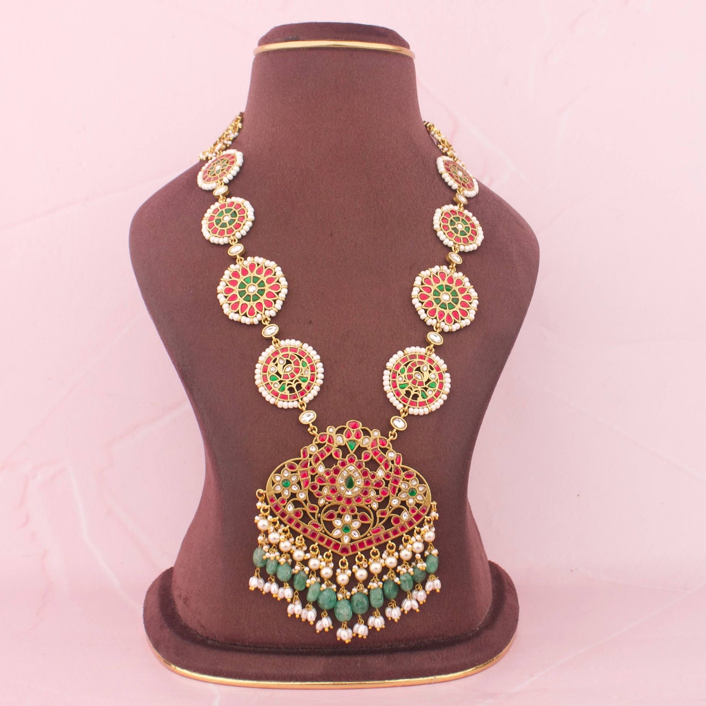 Ethnic Jadau Kundan Floral Long Necklace With Rice Pearls & Emerald Green Beads