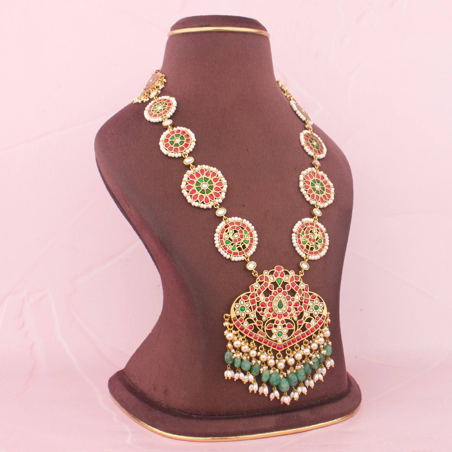 Ethnic Jadau Kundan Floral Long Necklace With Rice Pearls & Emerald Green Beads