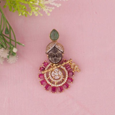 Designer Krishna Flute Victorian Pendant With Ruby Baguette Stones