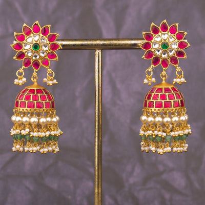 Floral Jadau Kundan Jhumka Earrings With Hangings