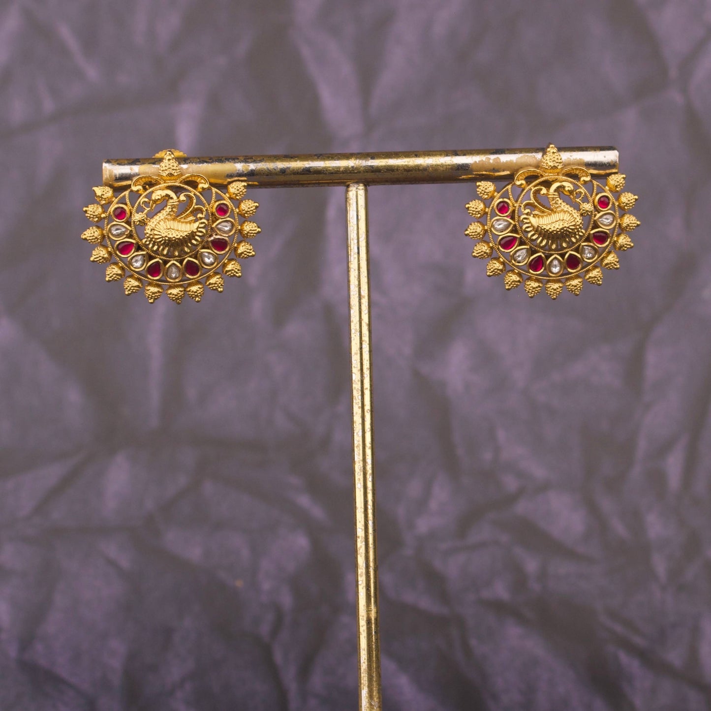 Traditional Temple Style Peacock Kundan Stud Earrings