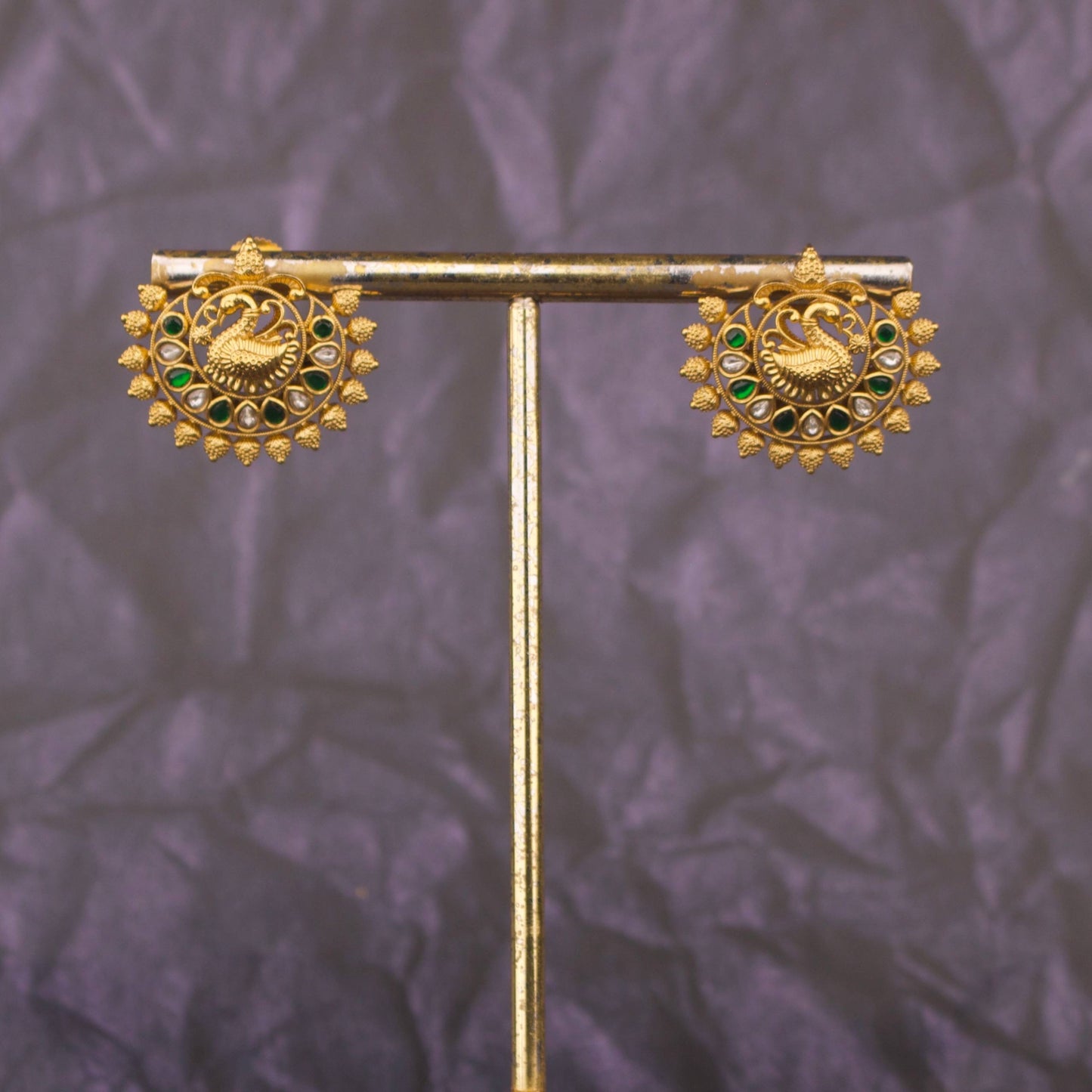 Traditional Temple Style Peacock Kundan Stud Earrings