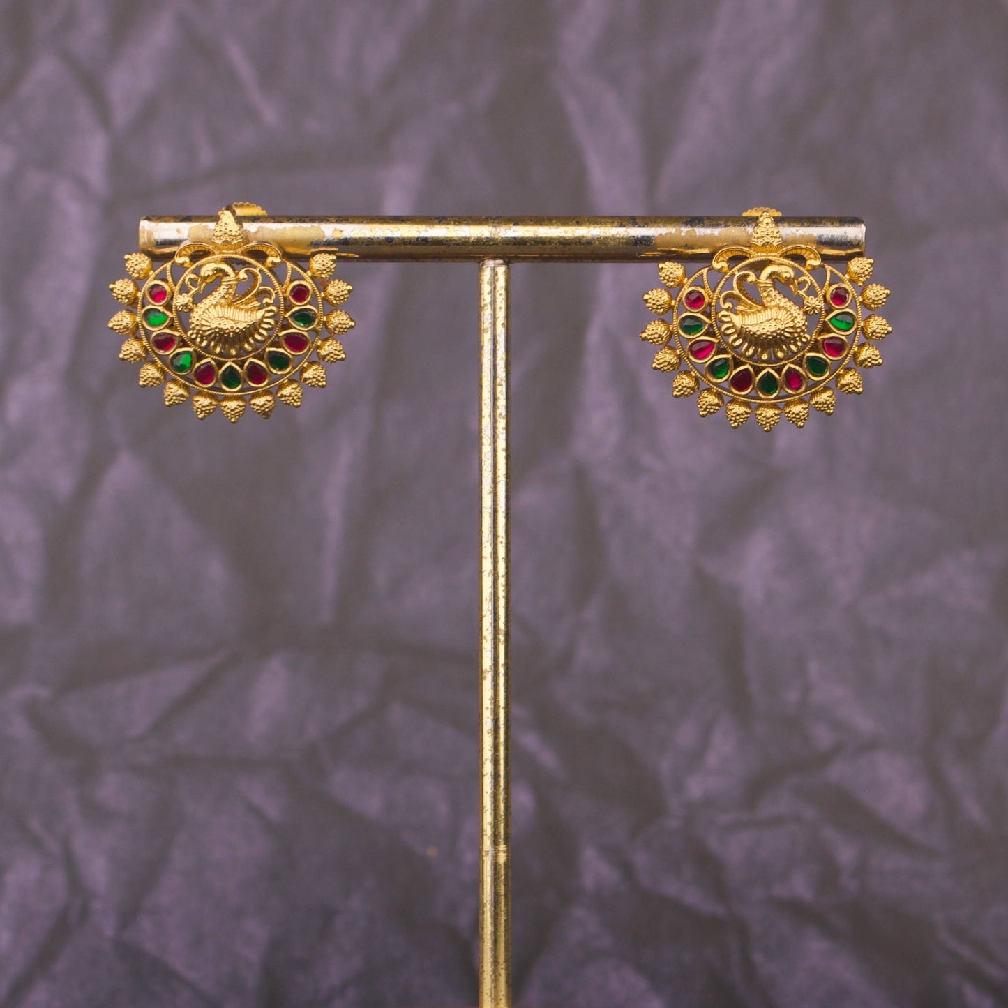 Traditional Temple Style Peacock Kundan Stud Earrings