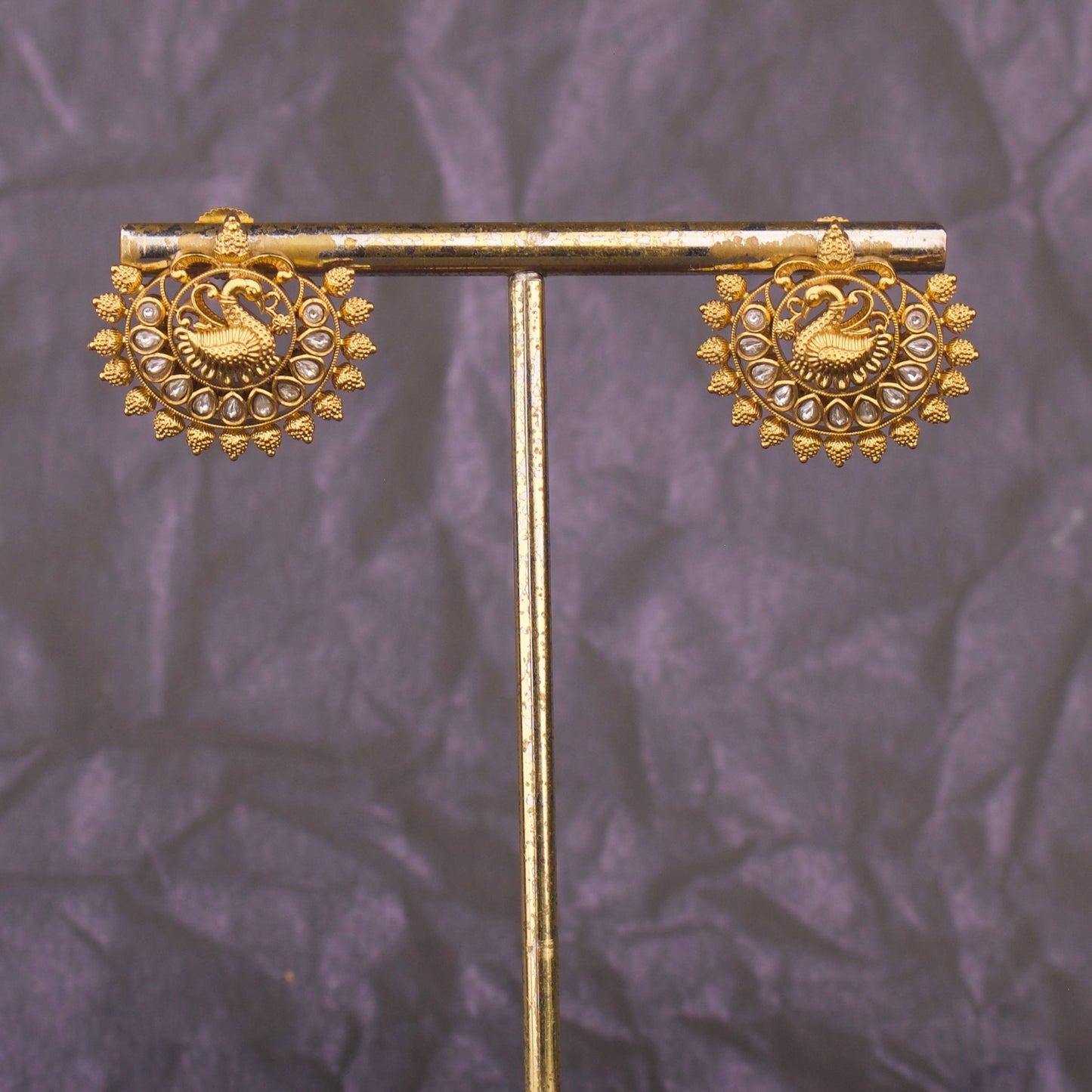 Traditional Temple Style Peacock Kundan Stud Earrings