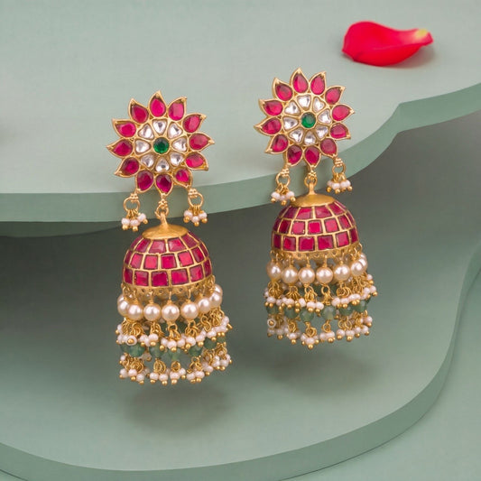 Premium Floral Jadau Kundan Jhumka Earrings With Hangings for traditional celebrations