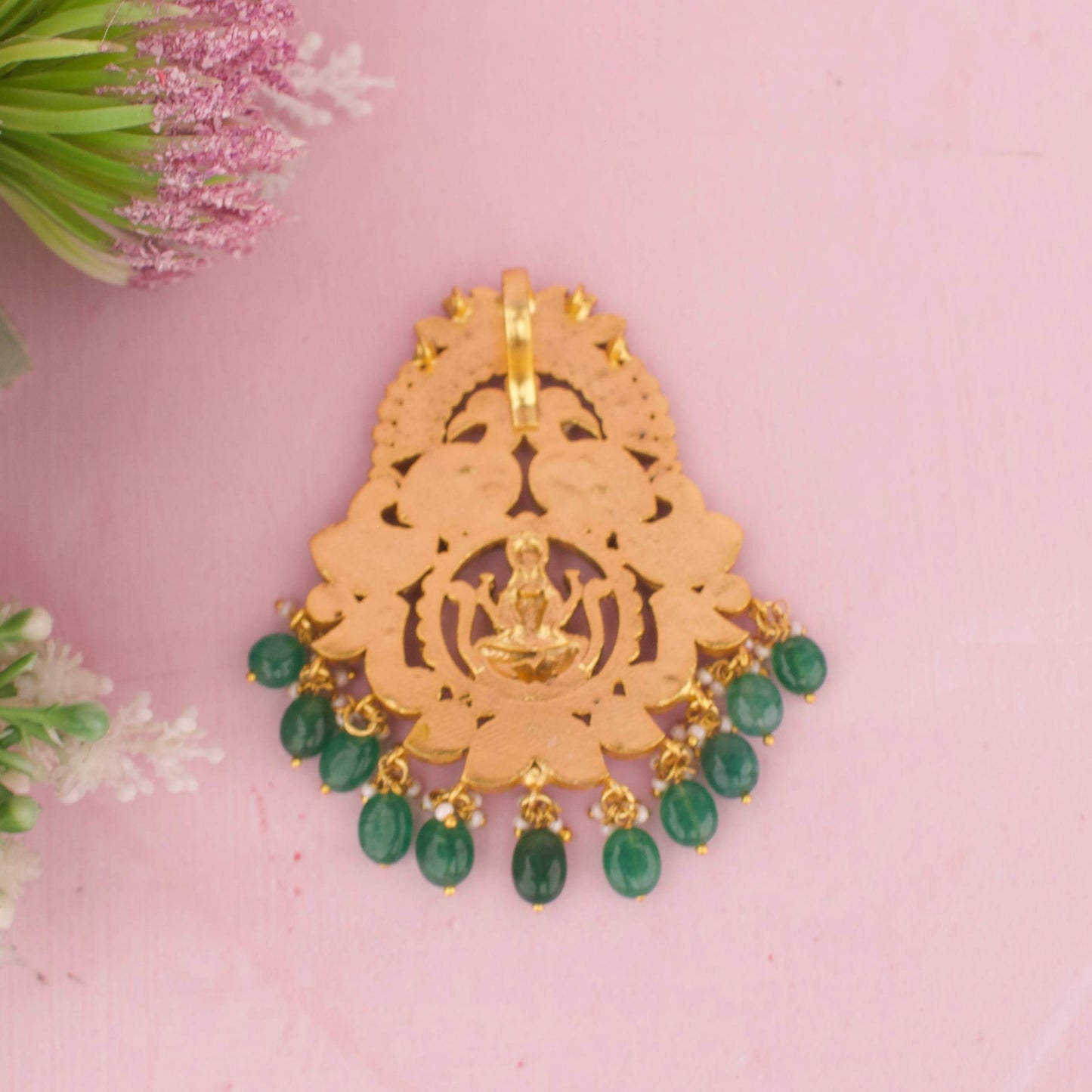 Traditional Lakshmi Devi Pendant With Emerald Beads