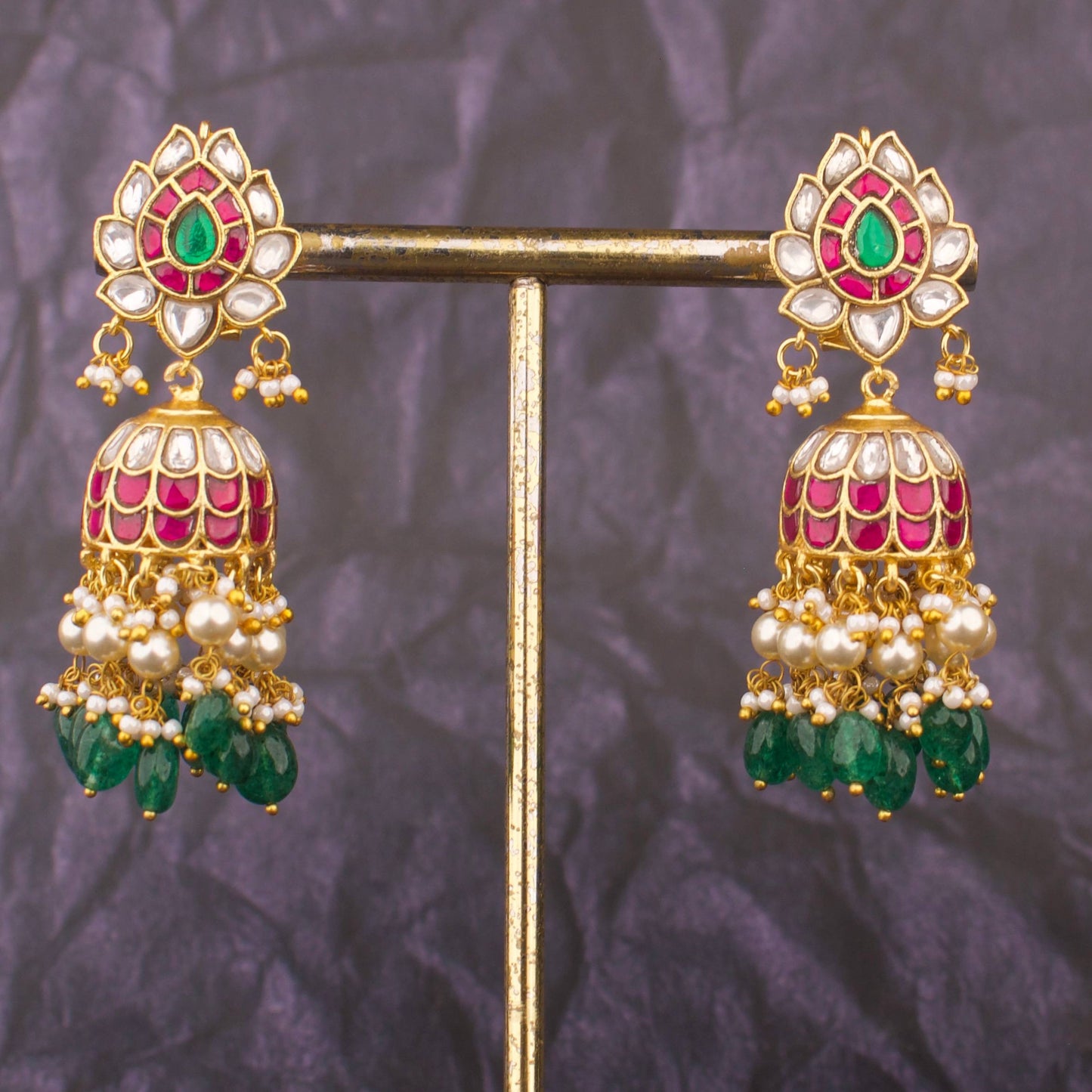 Radiant Jadau Kundan Jhumki Earrings With Green Beads