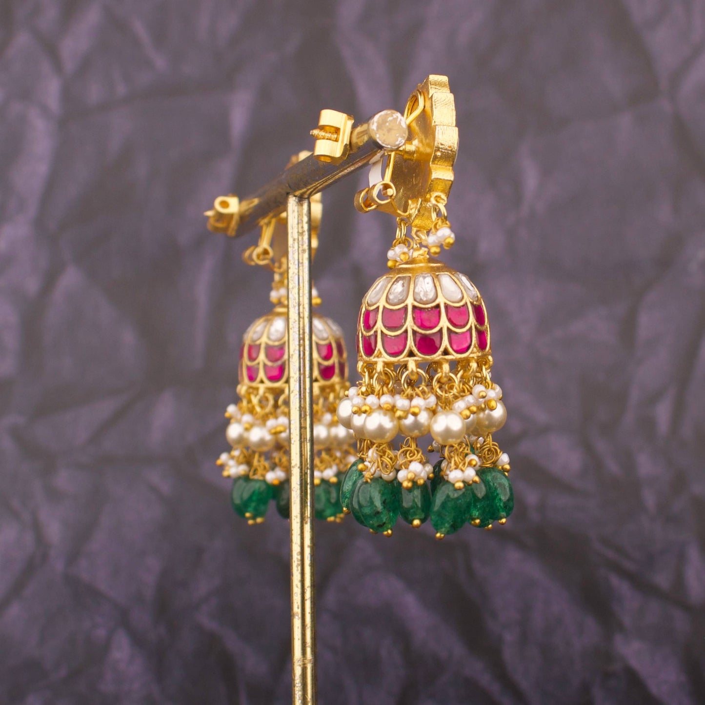 Radiant Jadau Kundan Jhumki Earrings With Green Beads