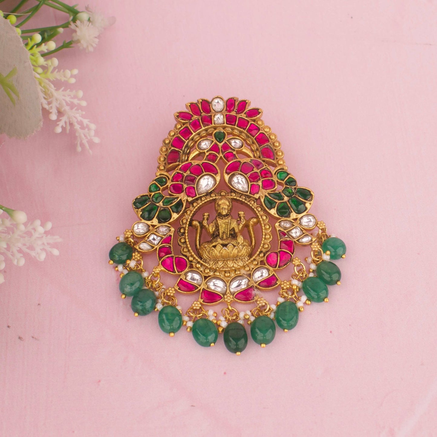 Traditional Lakshmi Devi Pendant With Emerald Beads