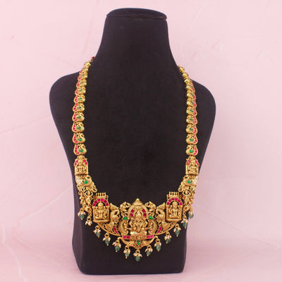 Heritage Lakshmi Devi Temple Haram Necklace With Emerald Hangings