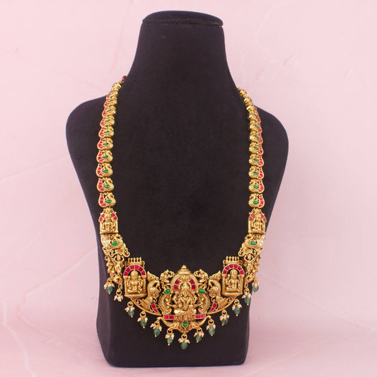 Heritage Lakshmi Devi Temple Haram Necklace With Emerald Hangings