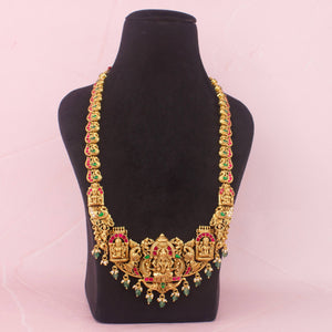 Heritage Lakshmi Devi Temple Haram Necklace With Emerald Hangings