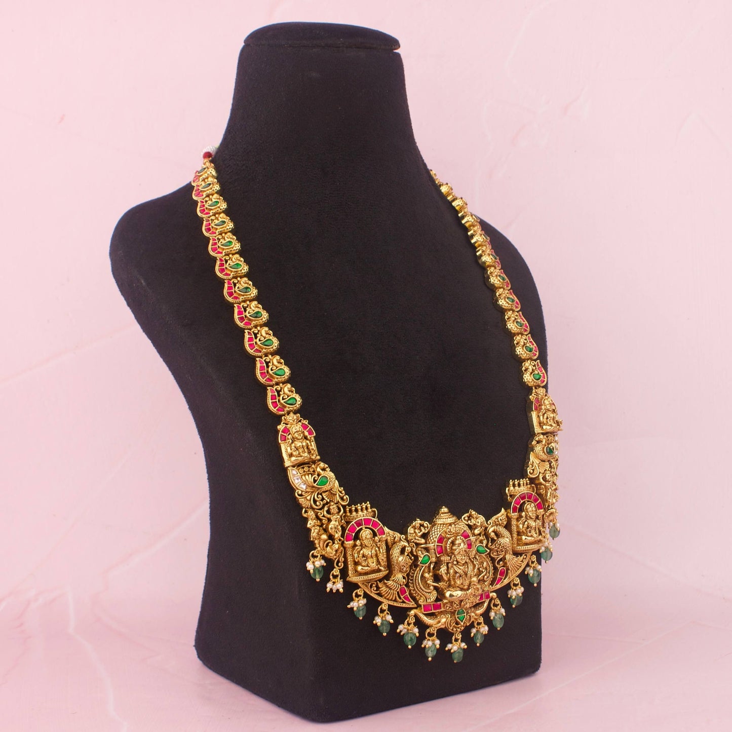 Heritage Lakshmi Devi Temple Haram Necklace With Emerald Hangings