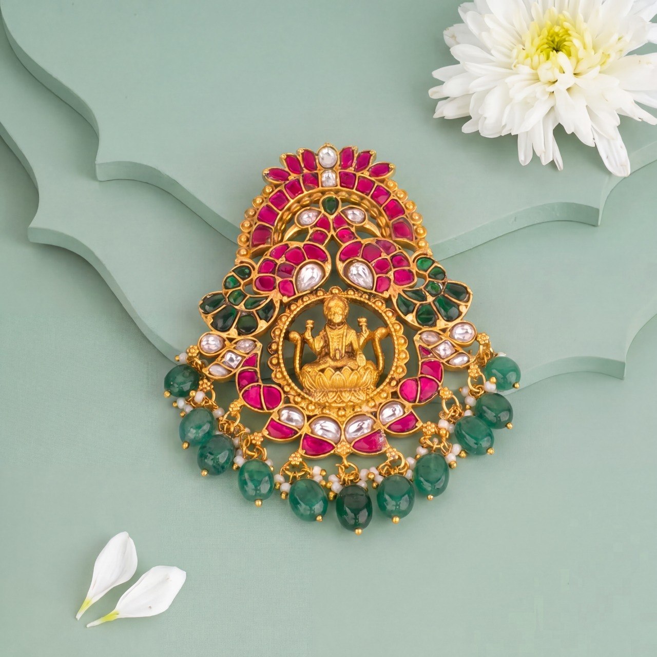 Traditional Lakshmi Devi Pendant With Emerald Beads | Premium Bridal Jewellery