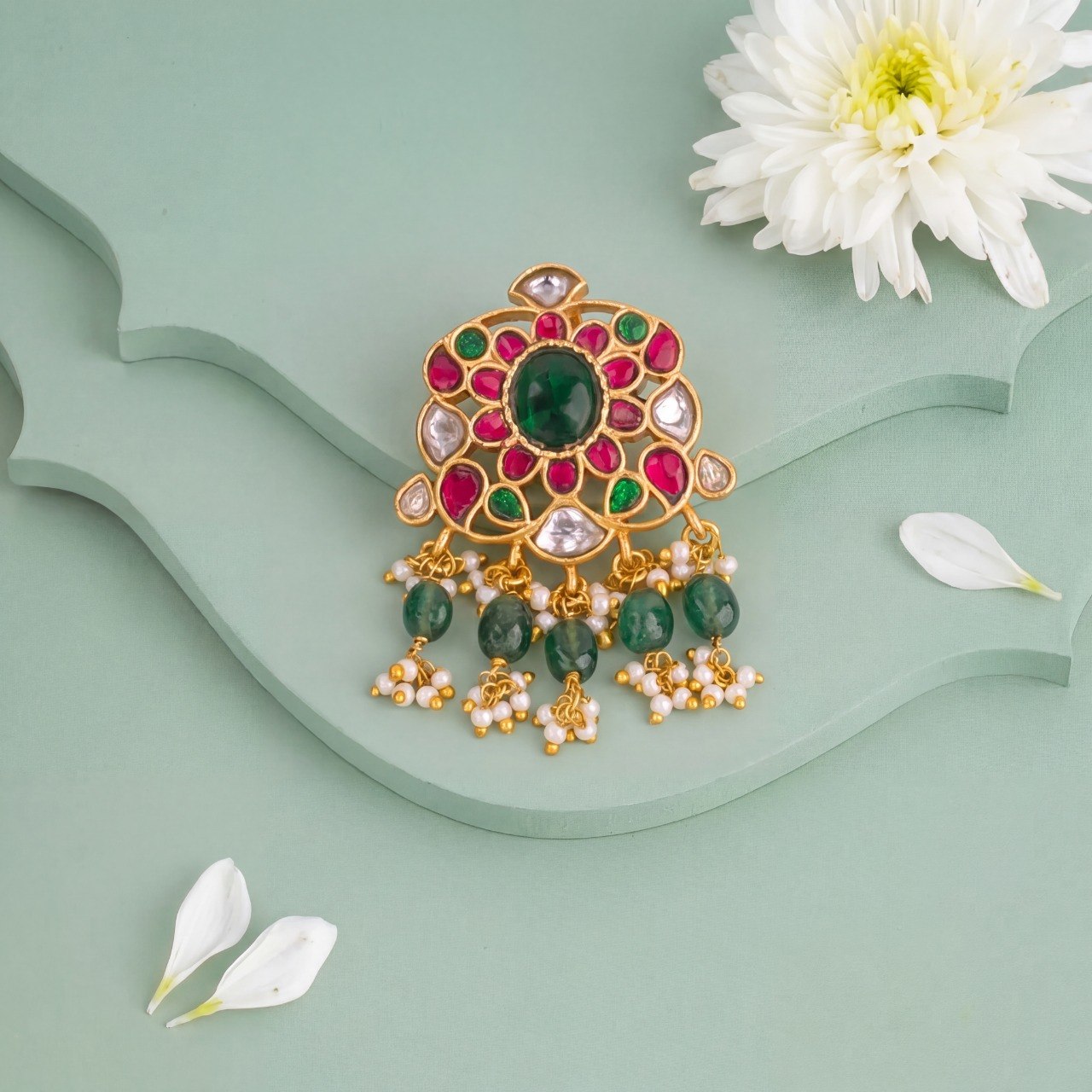 Floral Jadau Kundan Pendant With Green Beads | Premium Bridal Jewellery