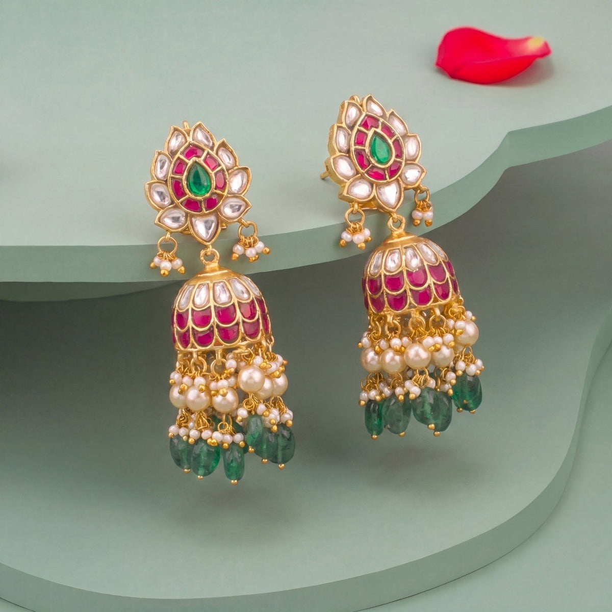 Radiant Jadau Kundan Jhumki Earrings With Green Beads | Premium Bridal Jewellery