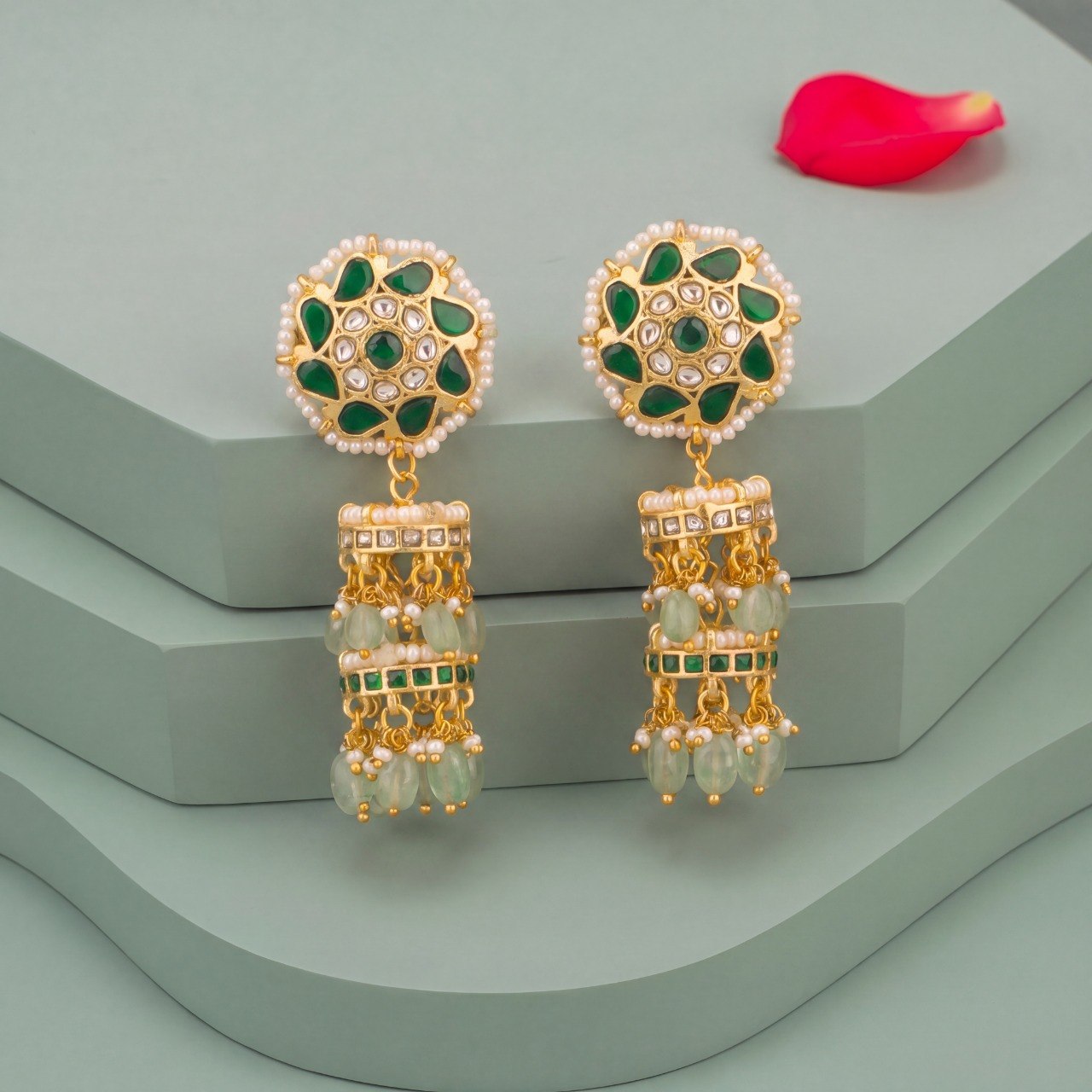 Emerald-Encrusted Jadau Kundan Jhumka Earrings | Premium Bridal Jewellery