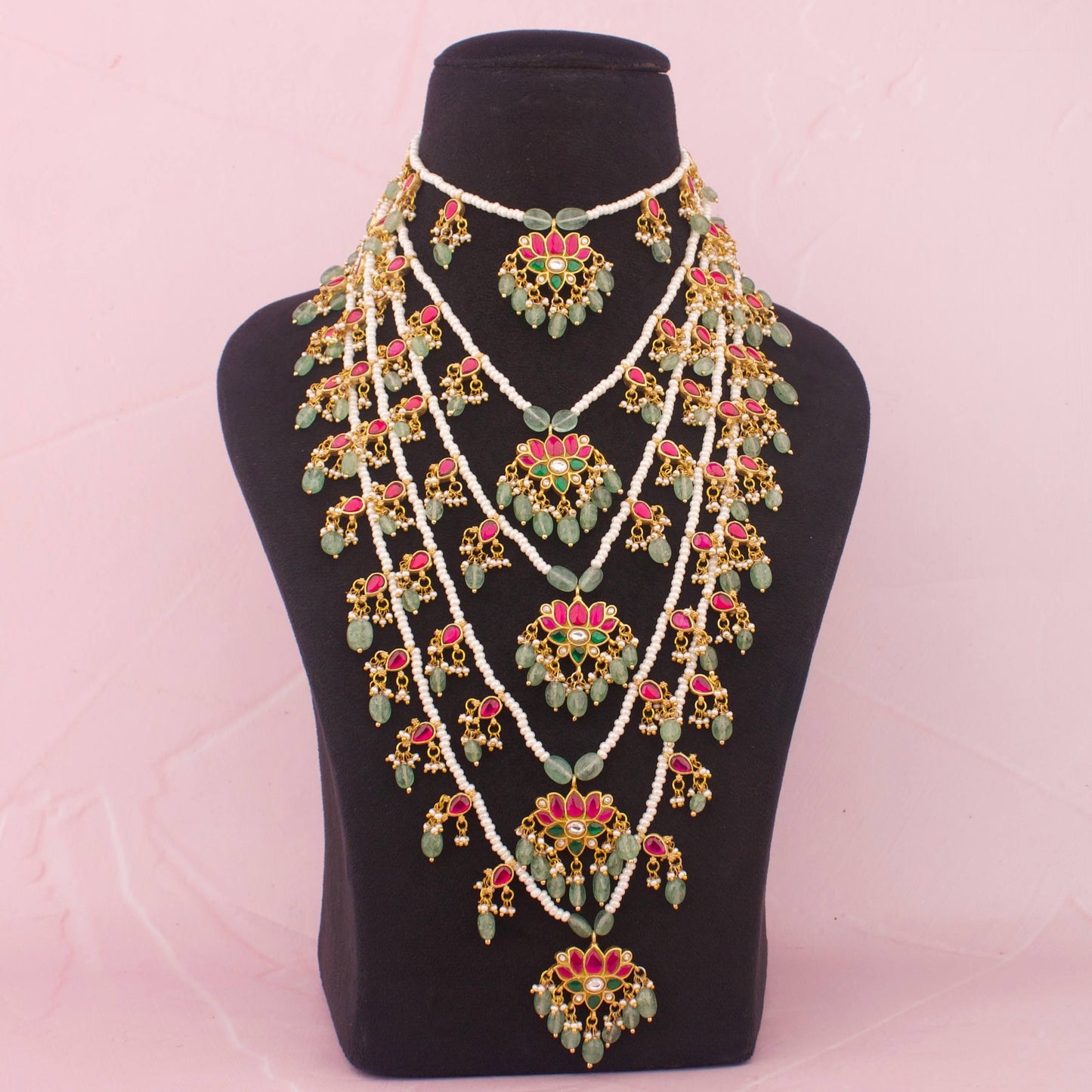 Close-Up Detail View of Opulent  Lotus Design Jadau Kundan Five-Layer Necklace | Dulhan Jewels