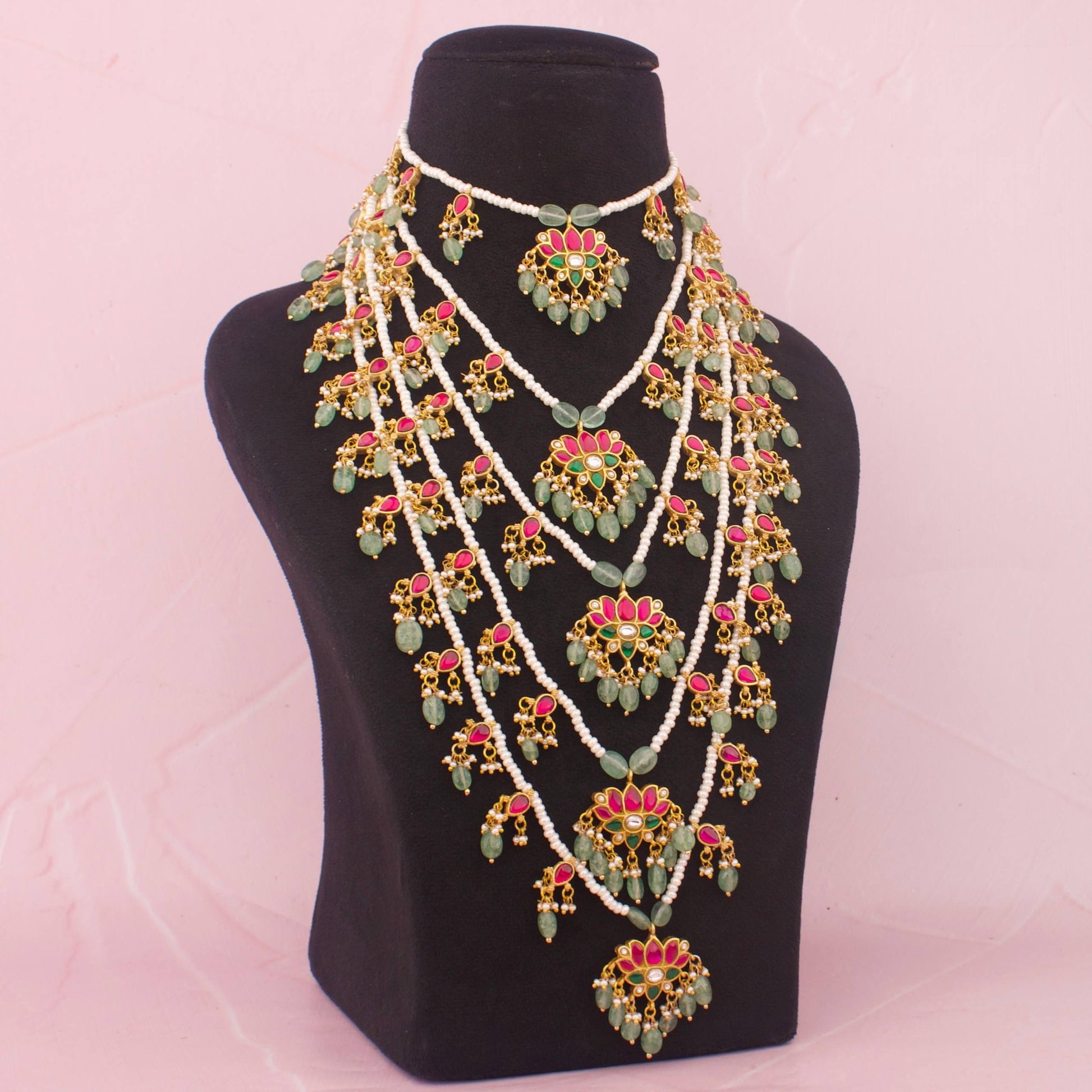 Opulent  Lotus Design Jadau Kundan Five-Layer Necklace - Premium Indian Ethnic Jewelry | Dulhan Jewels