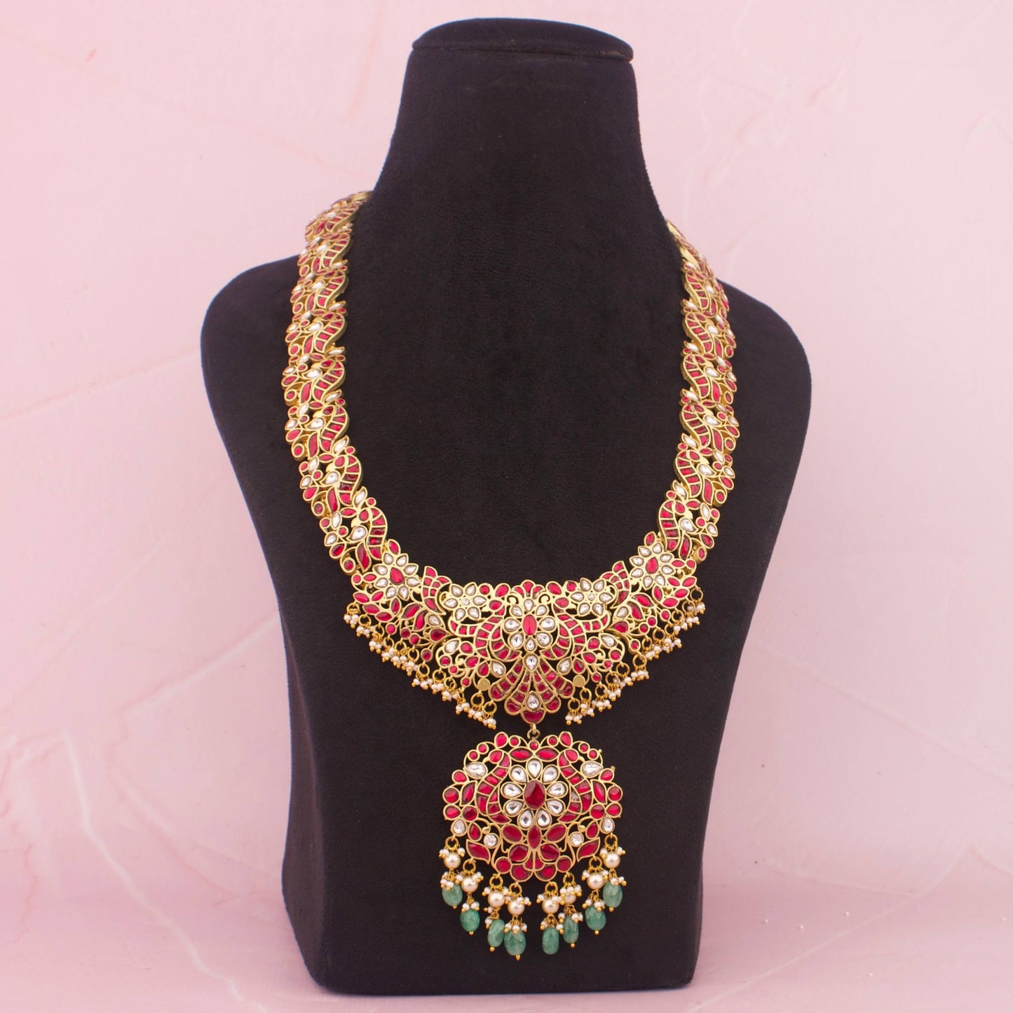 Bridal Jadau Kundan Long Haram With Pearls & Beads Hangings - Premium Indian Ethnic Jewelry | Dulhan Jewels
