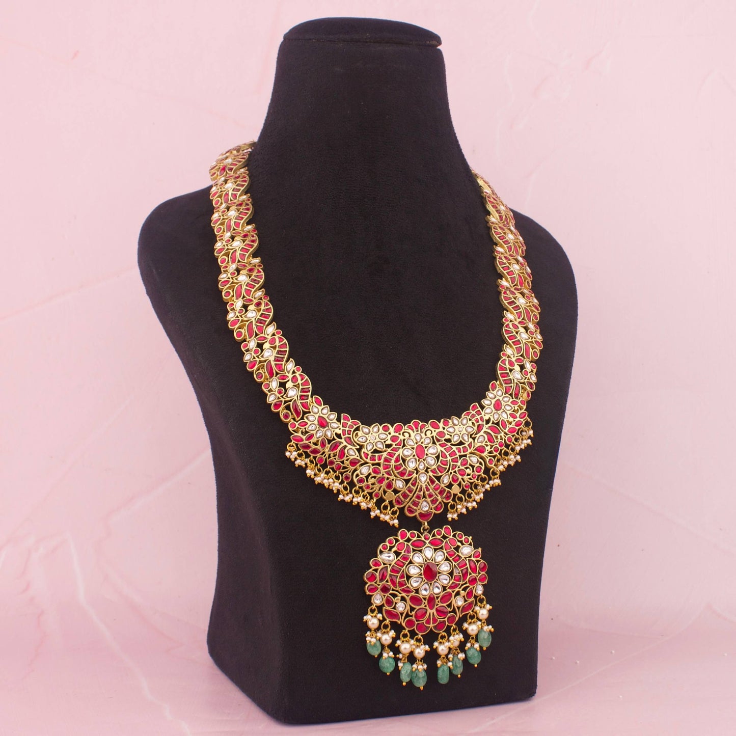 Close-Up Detail View of Bridal Jadau Kundan Long Haram With Pearls & Beads Hangings | Dulhan Jewels