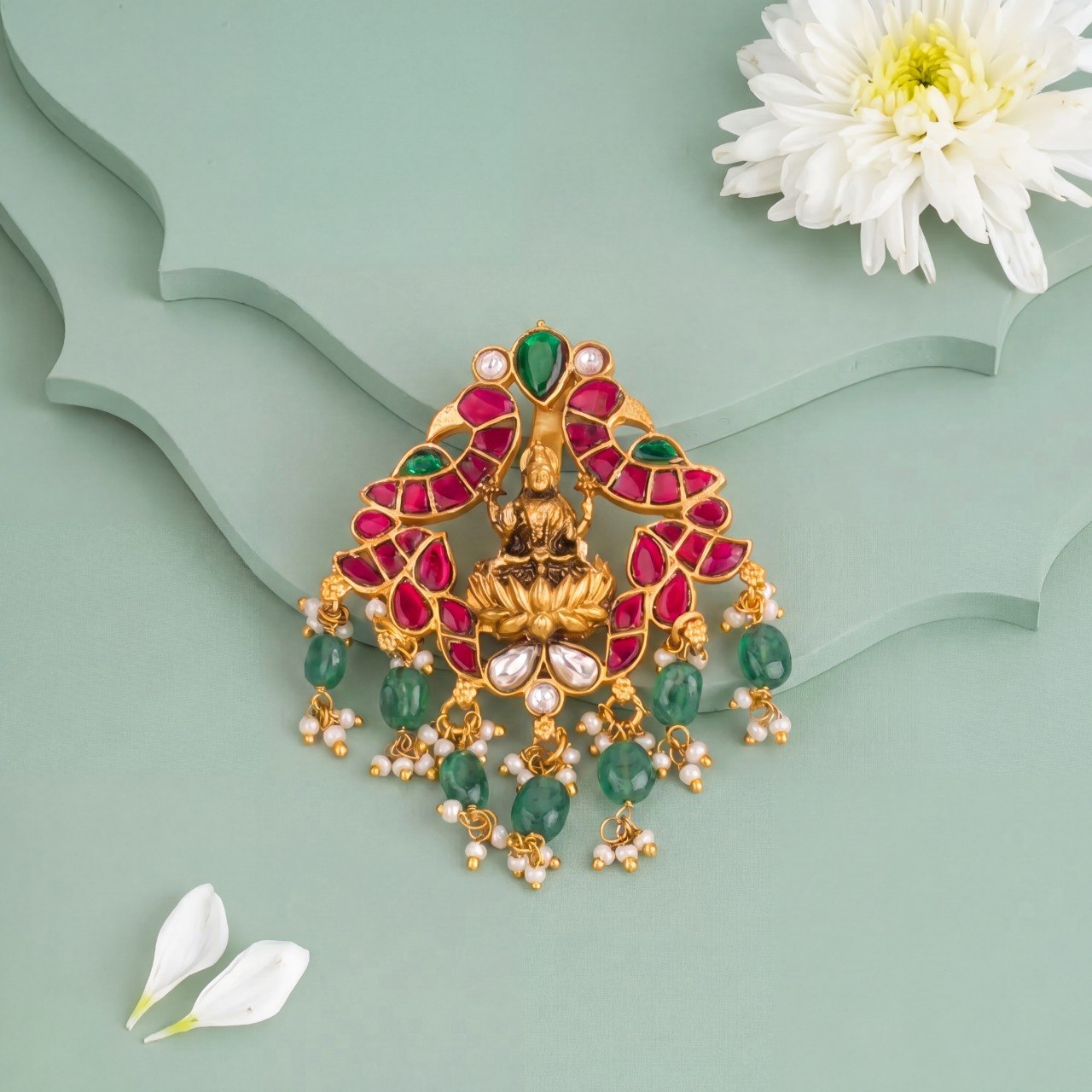Radiant Lakshmi Devi Pendant With Emerald Beads