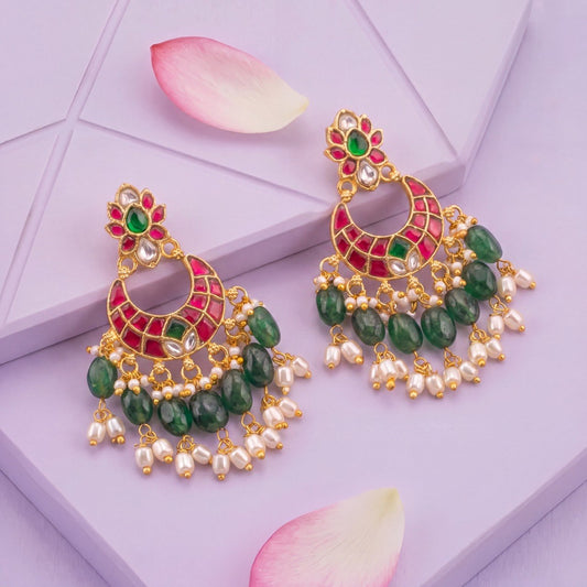 Classy Jadau Kundan Chandbali Earrings With Rice Pearls