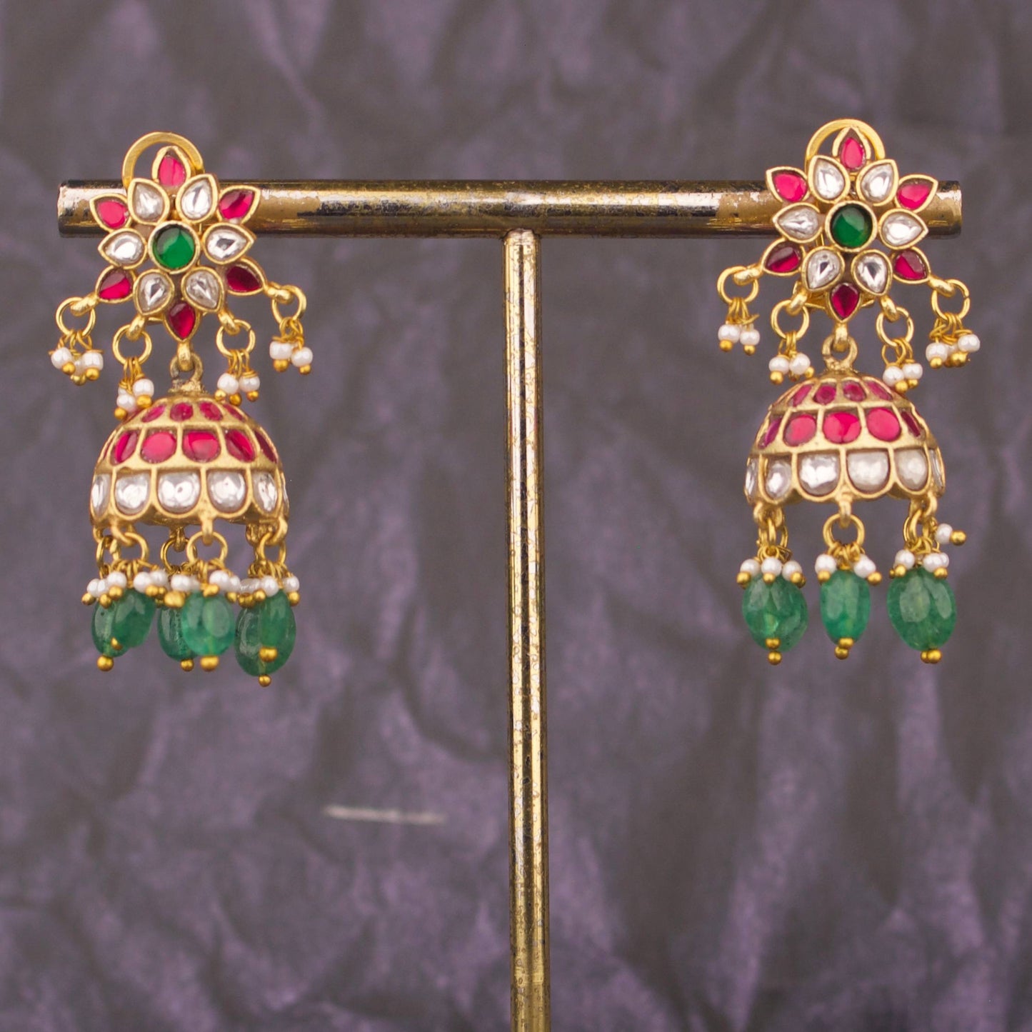 Floral Design Jadau Kundan With Green Hangings