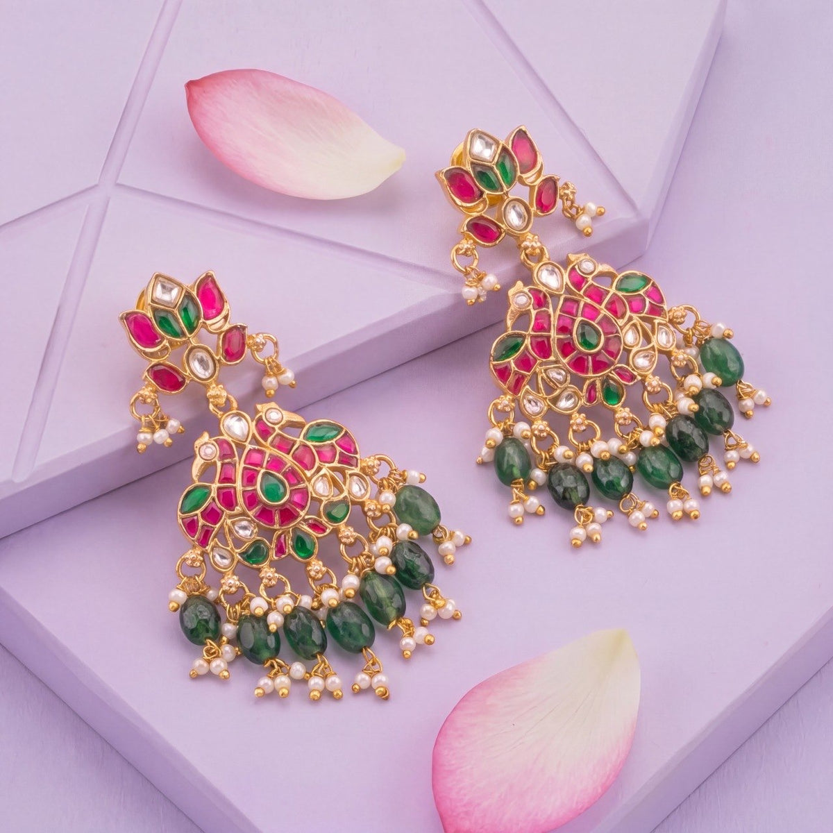 Designer Jadau Kundan Chandbali Earrings With Emerald Beads - Premium Indian Ethnic Jewelry | Dulhan Jewels