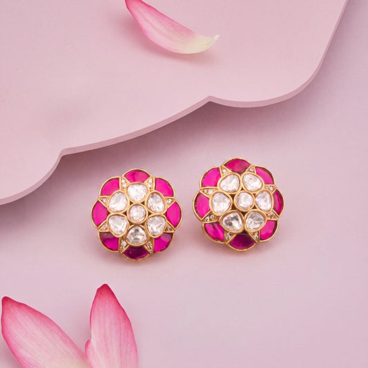 Classic Pink Kundan Flower Stud Earrings