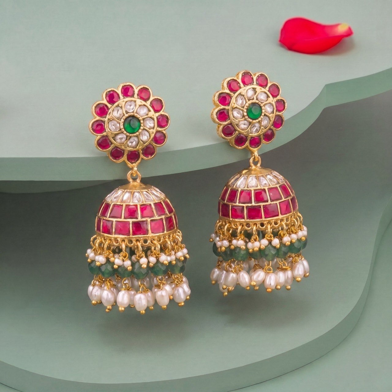 Traditional Jhumka Earrings with Green Beads And Pearl Drops - Premium Indian Ethnic Jewelry | Dulhan Jewels