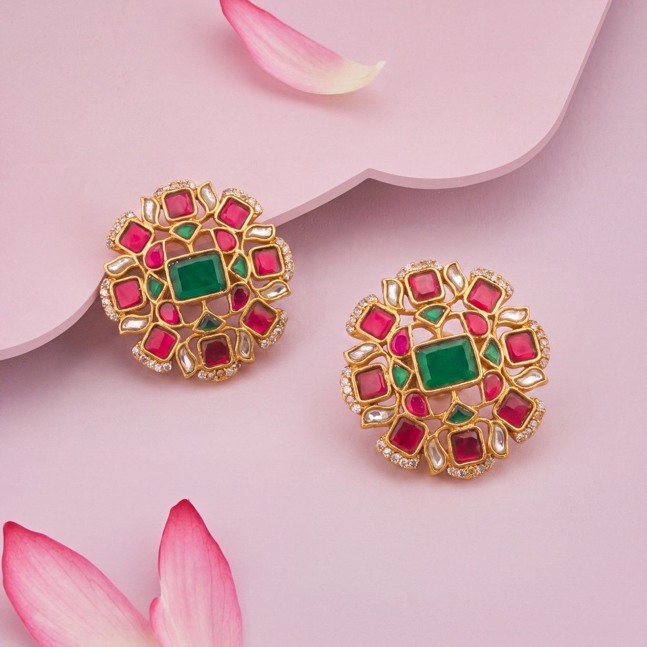 Unique Pink And Emerald Green Kundan Stud Earrings - Premium Indian Ethnic Jewelry | Dulhan Jewels