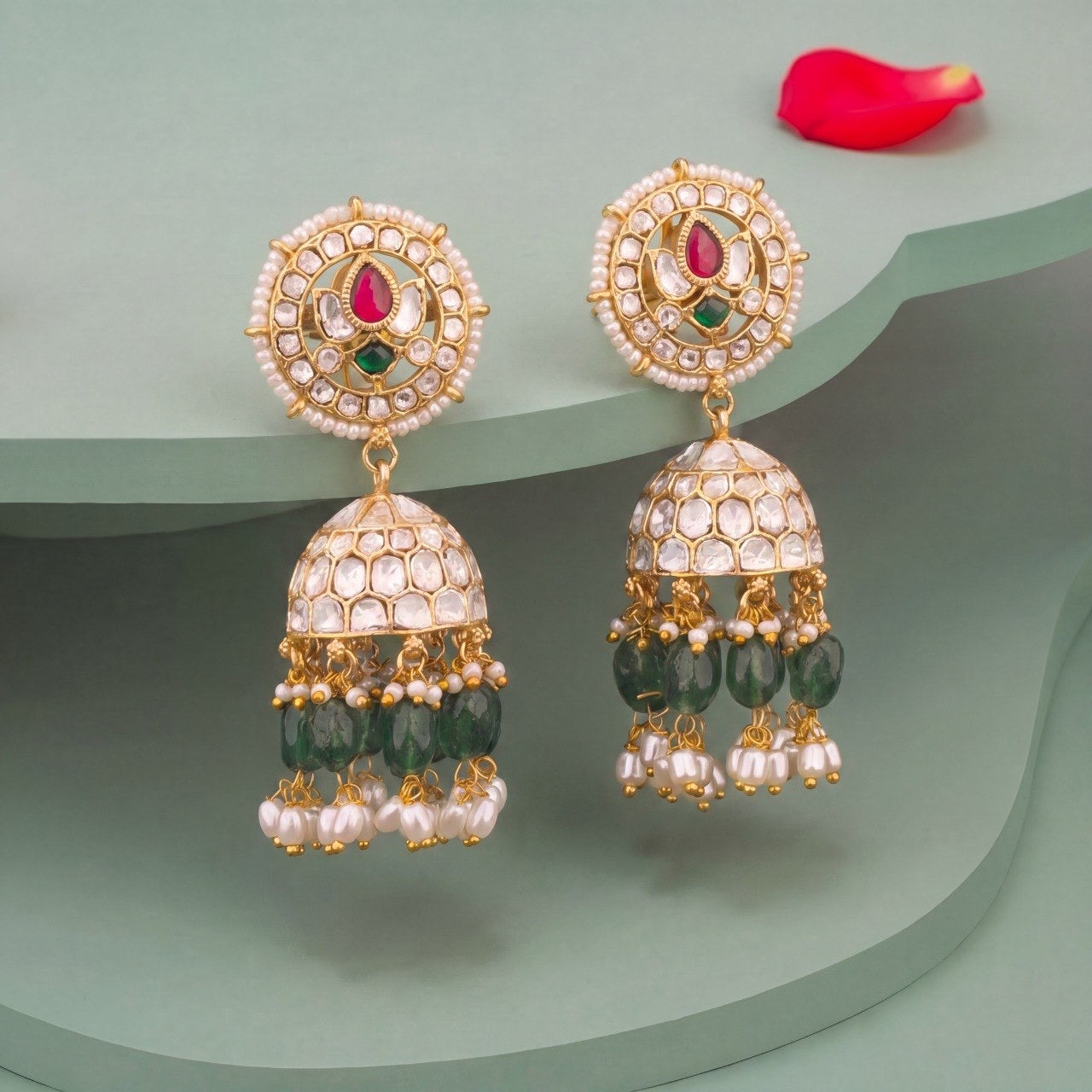 White Polki Kundan Jhumka Earrings With Green Beads - Premium Indian Ethnic Jewelry | Dulhan Jewels
