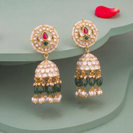 White Polki Kundan Jhumka Earrings With Green Beads