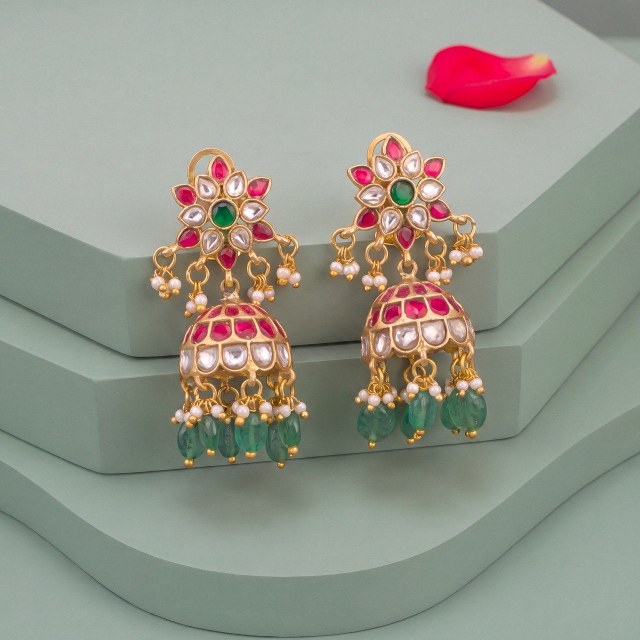 Floral Design Jadau Kundan With Green Hangings - Premium Indian Ethnic Jewelry | Dulhan Jewels