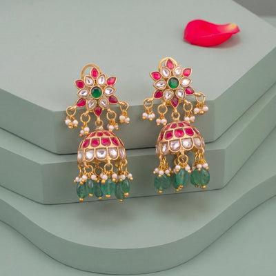 Floral Design Jadau Kundan With Green Hangings