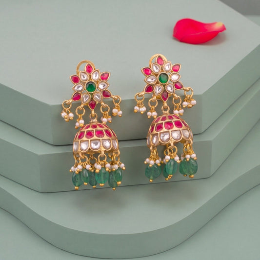 Floral Design Jadau Kundan With Green Hangings