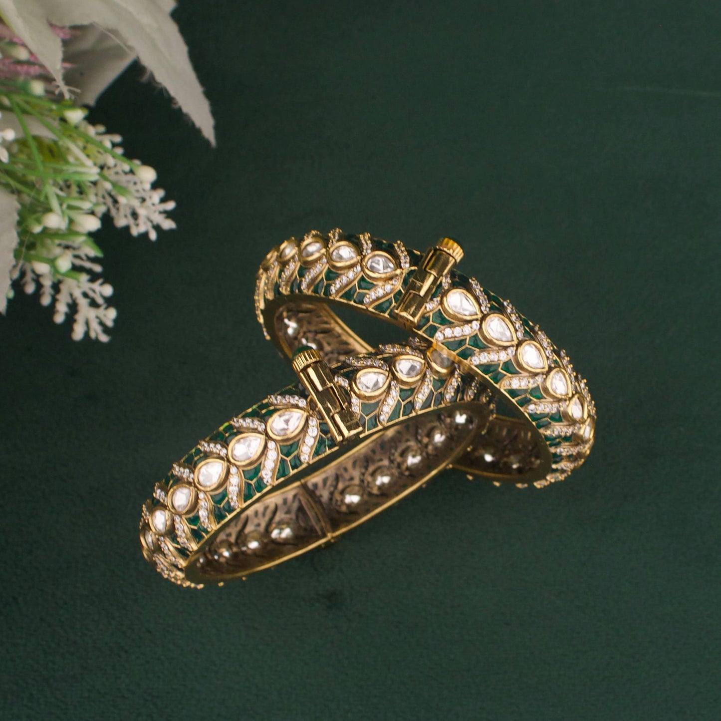Close-Up Detail View of Traditional Fusion Kundan & Polki Victorian Bangles | Dulhan Jewels