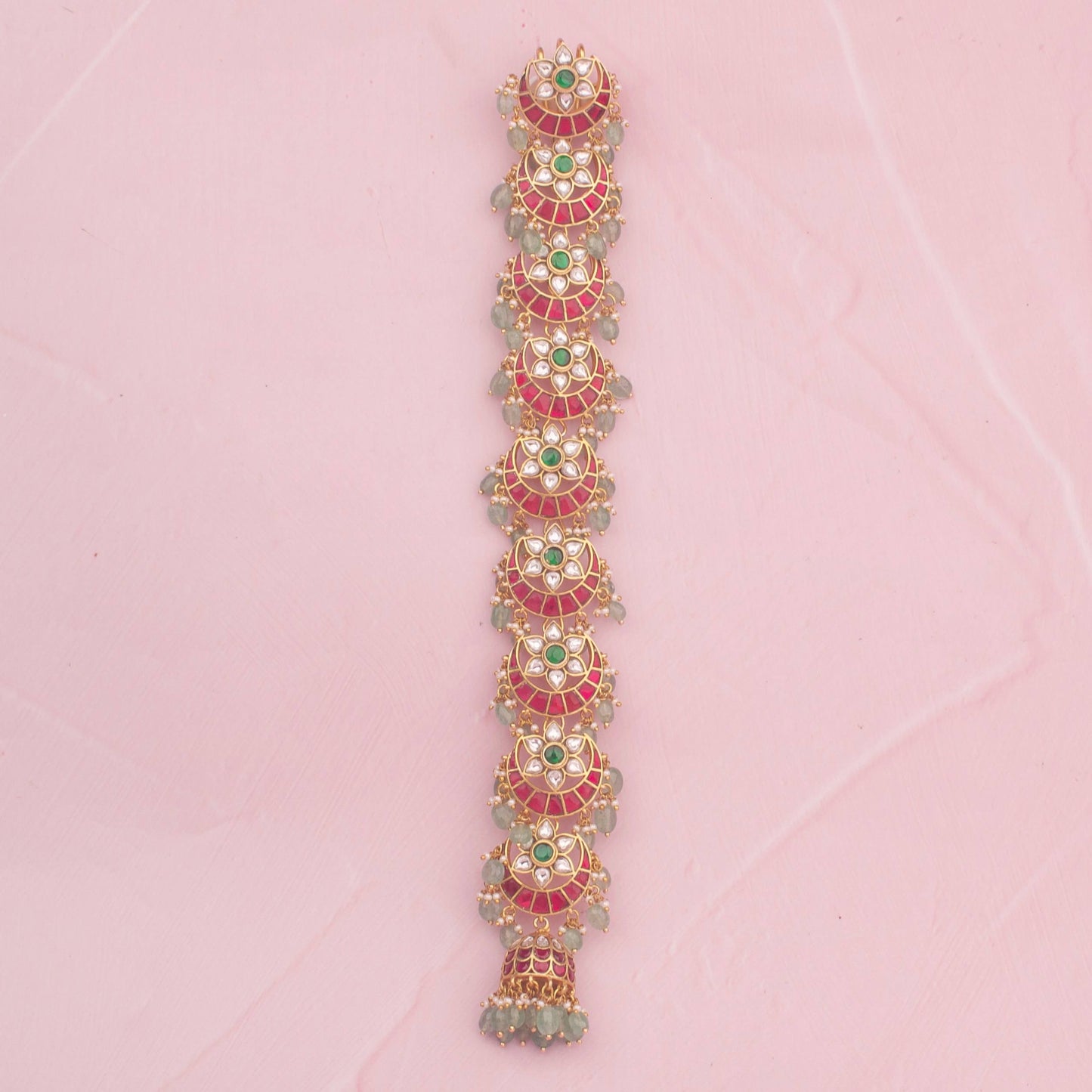 Exquisite Floral Chand Bali Design Jadau Kundan Hair Pin 9 Lockets - Premium Indian Ethnic Jewelry | Dulhan Jewels
