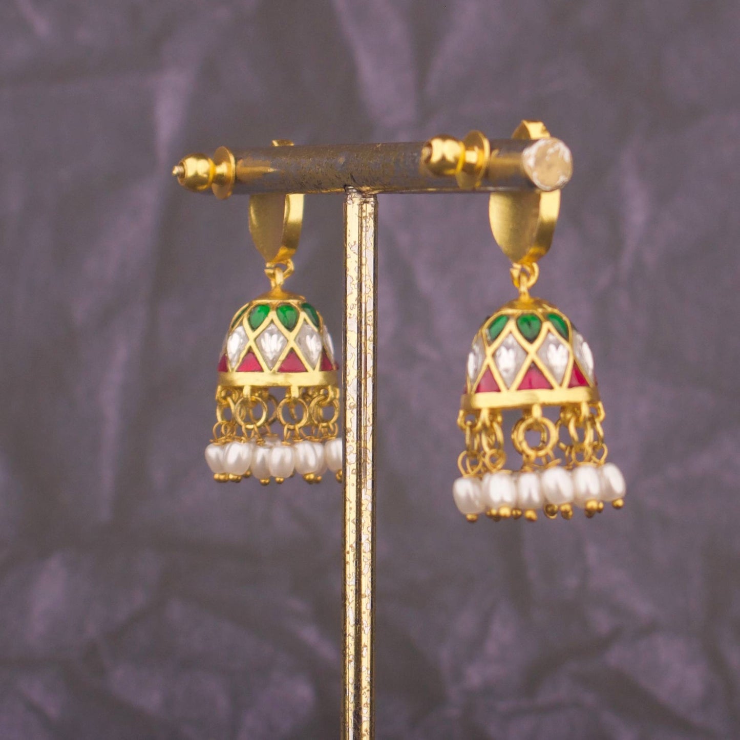 Multicolour Jadau Kundan Jhumki Earrings With Ricepearl Hangings