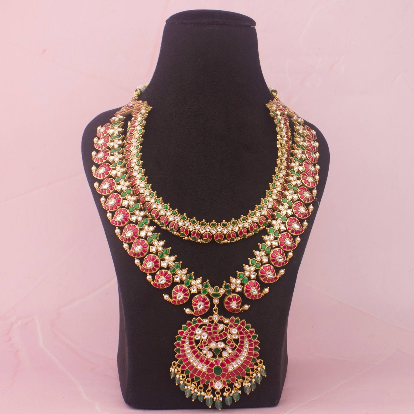 Opulent Jadau Kundan Long Necklace With Green Emerald Drops