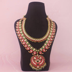 Opulent Jadau Kundan Long Necklace With Green Emerald Drops