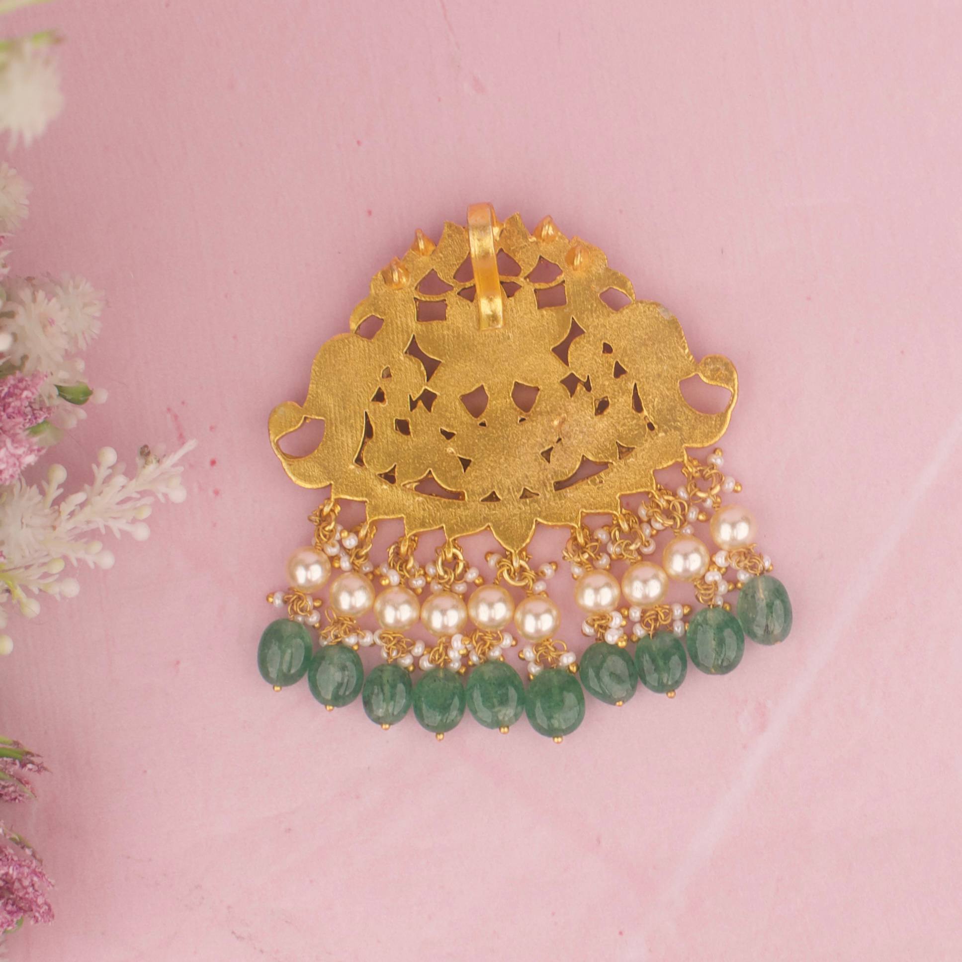 Close-Up Detail View of Floral Jadau Kundan Locket With Strawberry Beads | Dulhan Jewels