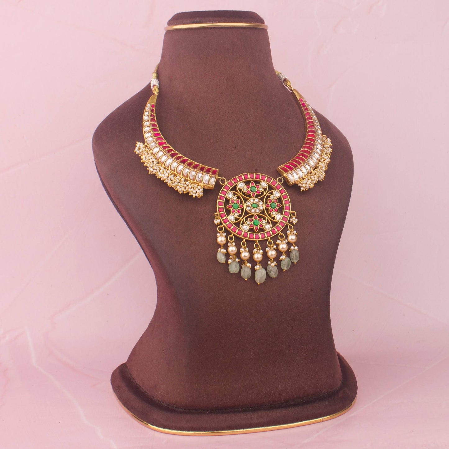 Unique Jadau Kundan Kanti Necklace With Green Drops