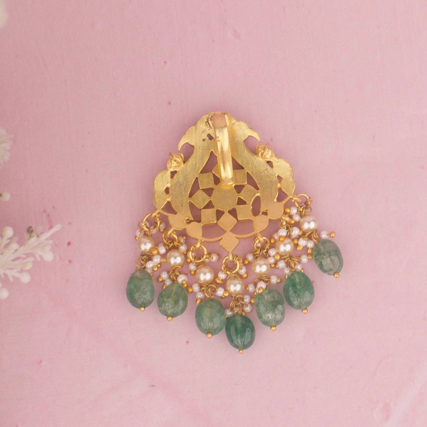 Peacock Design Jadau Kundan Pendant With Green Beads