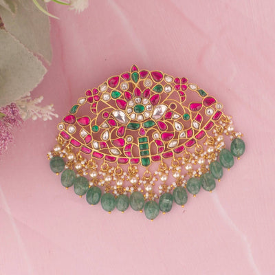 Bridal Jadau Kundan Pendant With Emerald Hangings