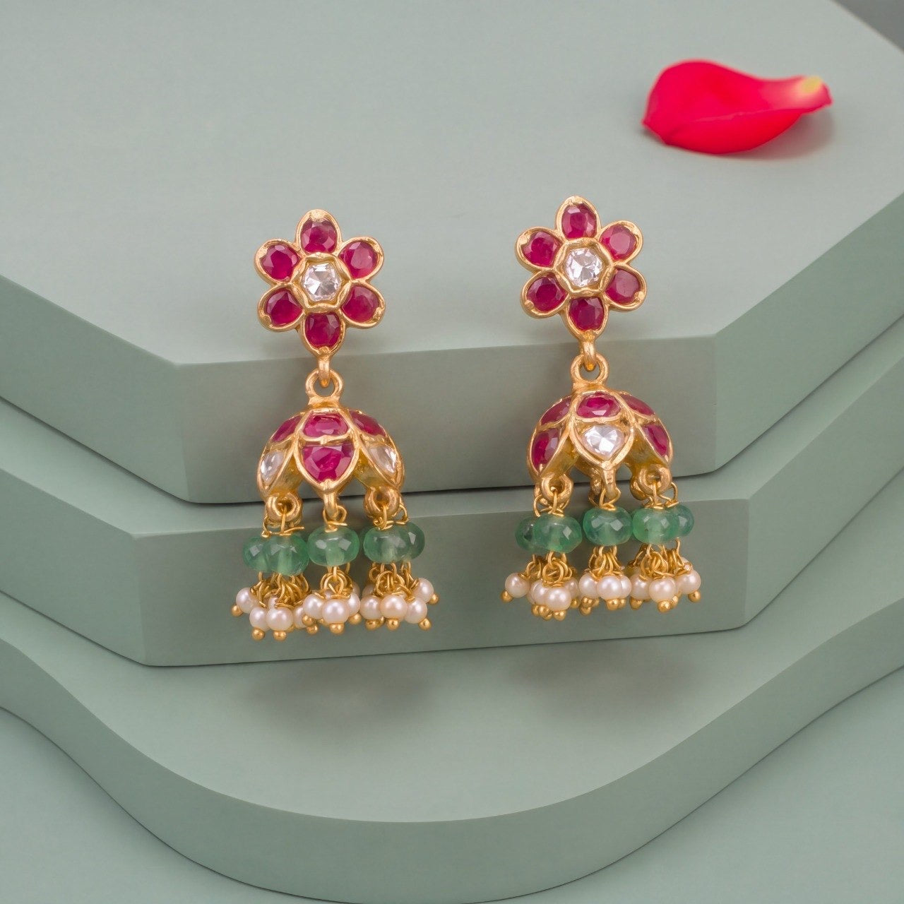 Mini Jadau Kundan Jhumki Earrings With Pearl Hangings - Premium Indian Ethnic Jewelry | Dulhan Jewels