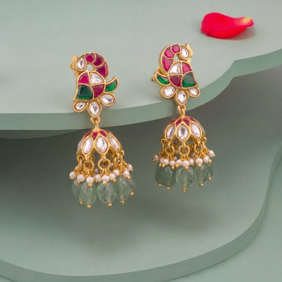 Mini Jadau Kundan Jhumki Earrings With Green Drops