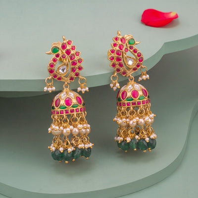 Designer Jadau Kundan Jhumka Earrings With Green Drops